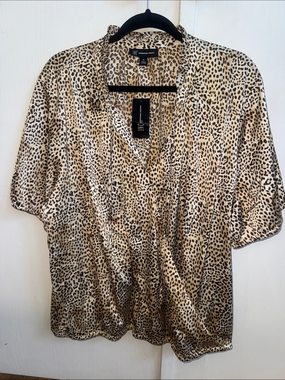 INC Faux Wrap Short Sleeves Animal Print Blouse Ruffled High V Neck Size 3X